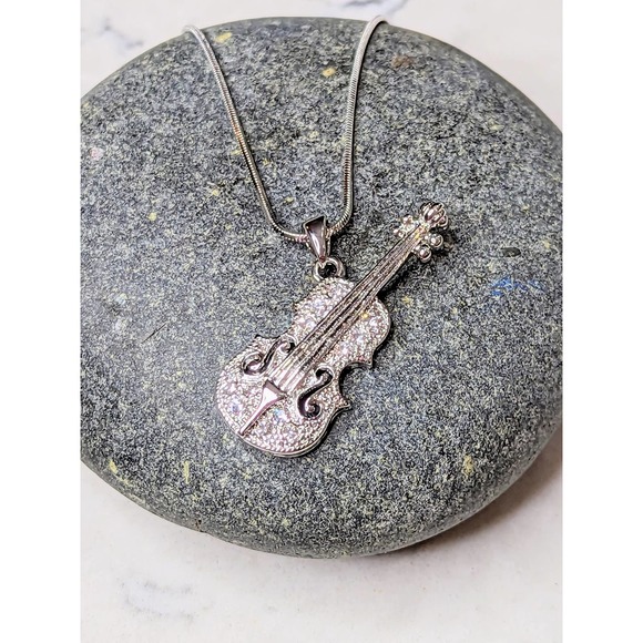 Violin Strings Necklace White Gold Plated Pendant with Crystals - Picture 1 of 10